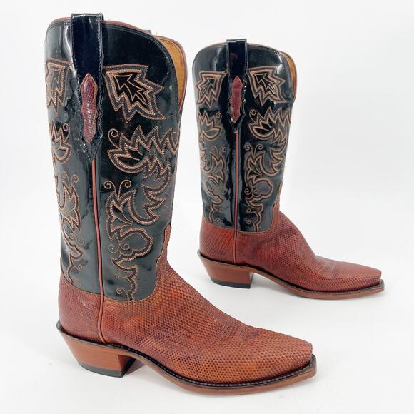 Lucchese Women’s 7 Black & Cognac Lizard Print Snip Toe Western Cowgirl Boots - Picture 1 of 12